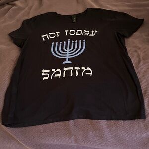 Black T-Shirt with Blue Menorah Design